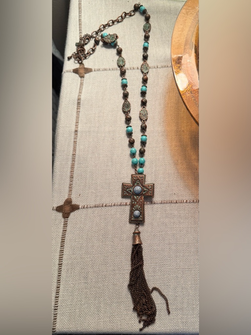 Shyanne Turquoise Bead Cross Pendant Necklace with Tassel